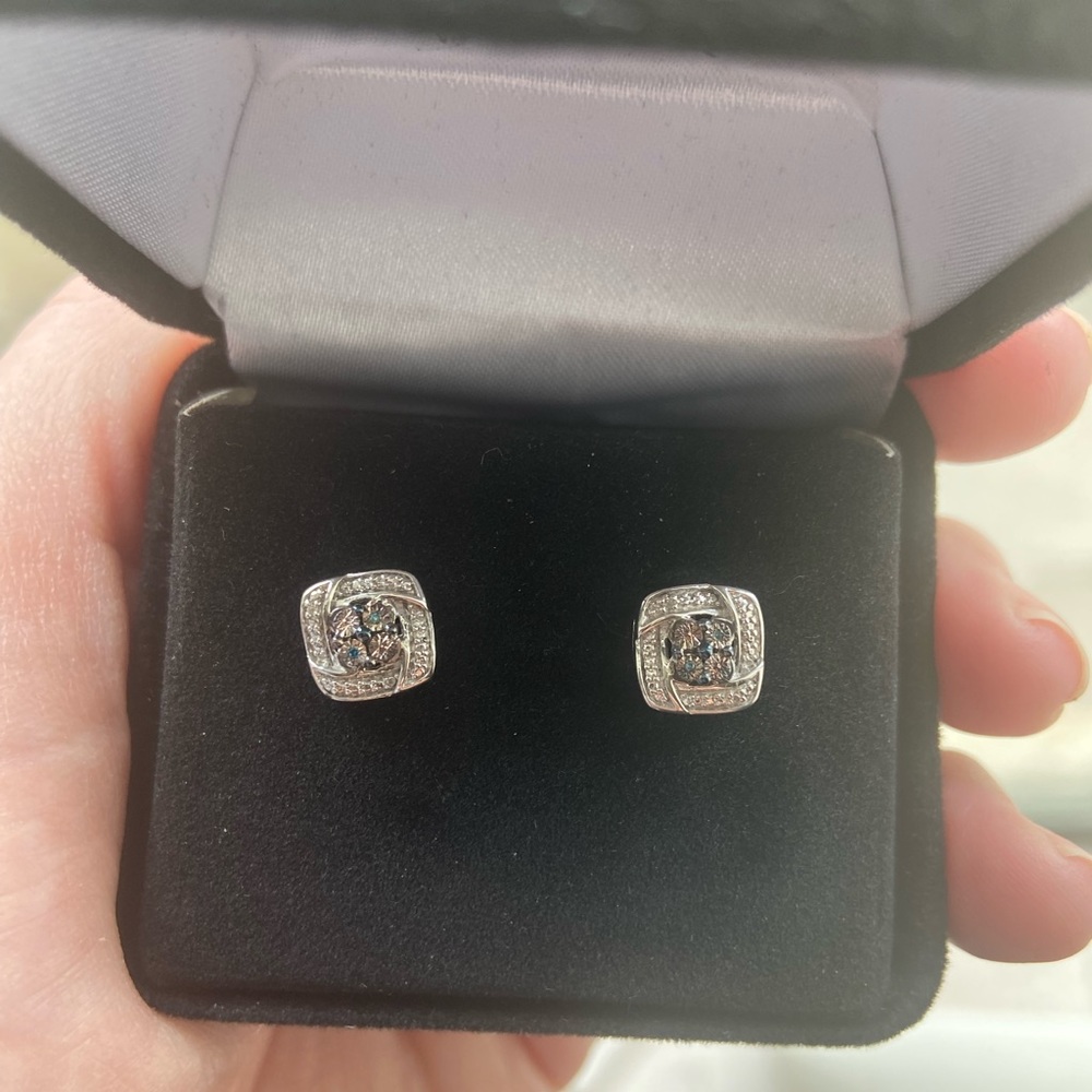 Silver-Tone CZ Square Halo Stud Earrings - Black Center